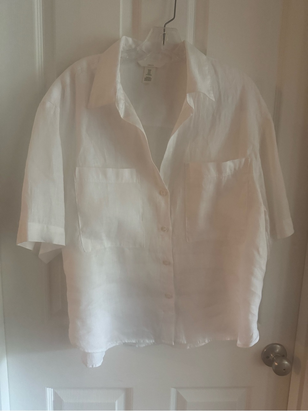 Women's White Button-Front Short Sleeve Shirt - 100% linen, H&M brand